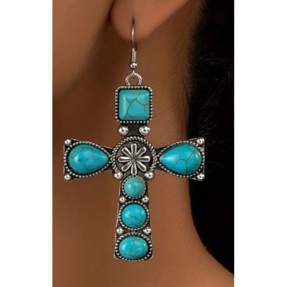 Bohemian Turquoise‎ Cross Dangle Earrings - 3.15" Long & 1.97" Wide - Ant…